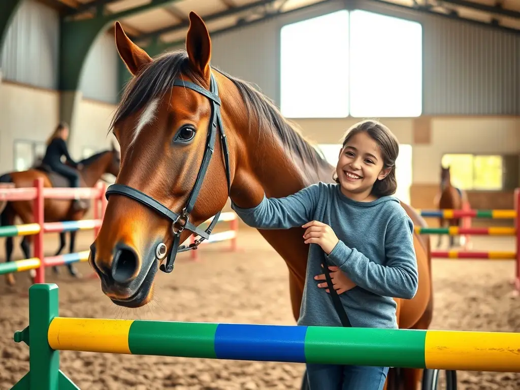 A young adult with a disability confidently leads a horse through an obstacle course. They are smiling and appear proud of their accomplishment. The setting is a well-maintained stable with other horses and riders in the background.
