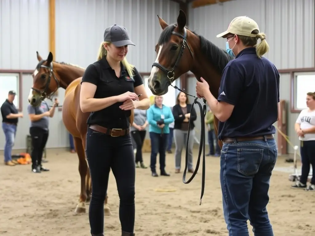 Instructors conducting a training workshop with participants learning about horse handling and safety procedures, emphasizing training and workshops.