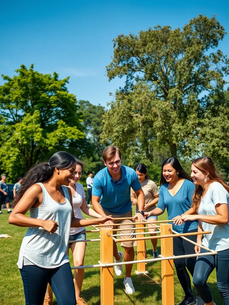 A group of disabled and non-disabled individuals work together to lead horses through an obstacle course at EQUI'HANDI HORSE, promoting teamwork and inclusion.