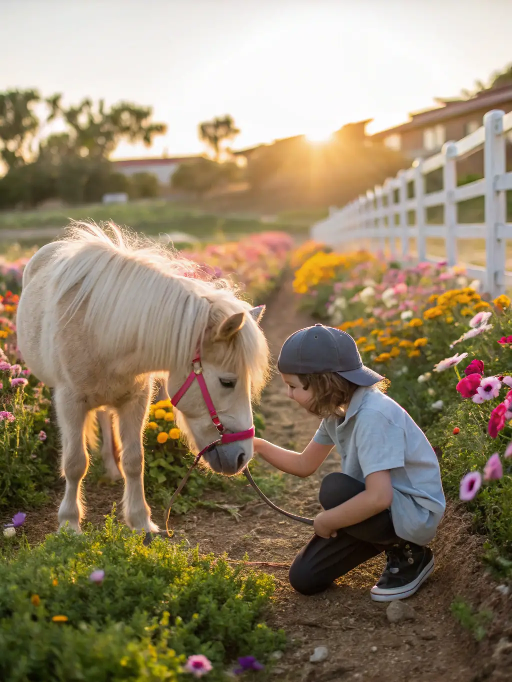 A photograph of a child with cerebral palsy smiling while gently petting a horse's muzzle during an adapted equestrian therapy session at EQUI'HANDI HORSE, showcasing the therapeutic bond.