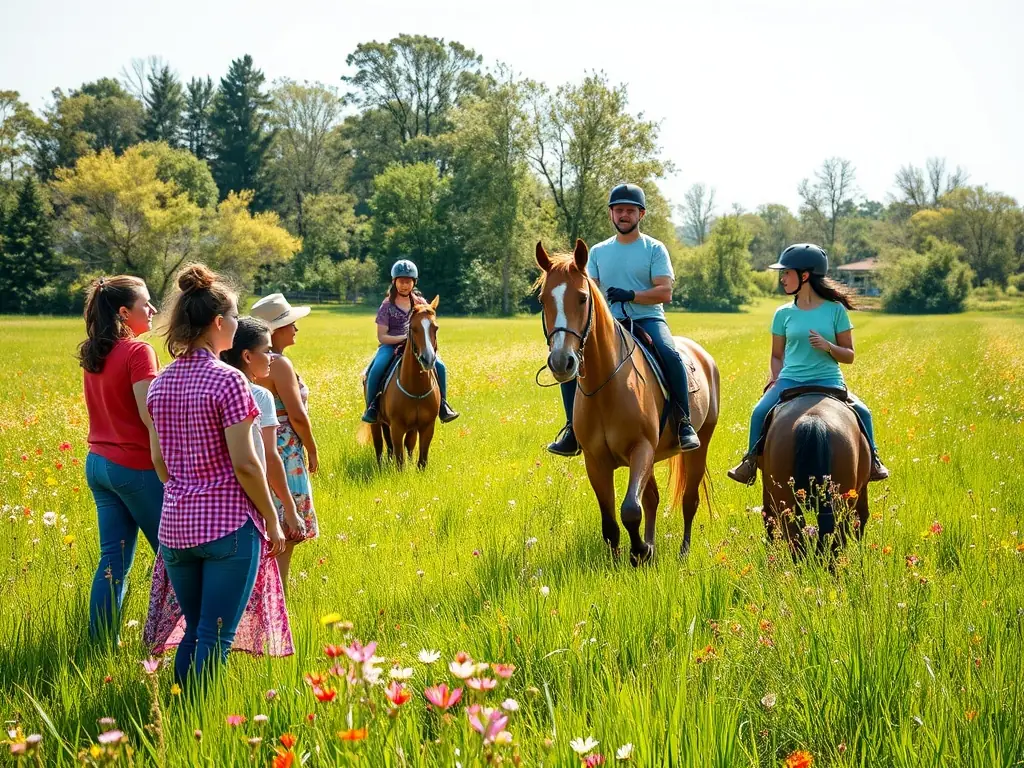 A diverse group of riders, including individuals with disabilities, riding together under the supervision of instructors in a lush outdoor setting, highlighting inclusive riding programs.