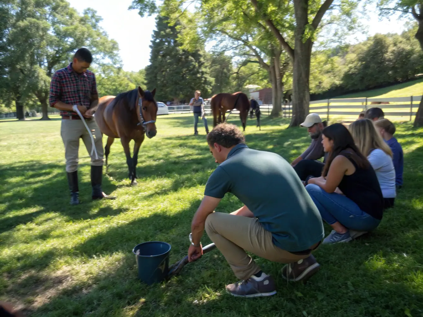 Instructors conducting a training workshop with participants learning about horse handling and safety procedures, emphasizing training and workshops.