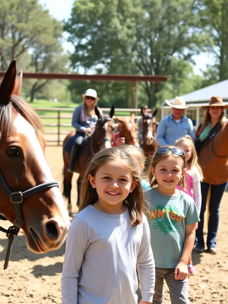 A group of diverse individuals, some with disabilities, participating in an inclusive riding program at EQUI'HANDI HORSE, with volunteers assisting and ensuring safety.