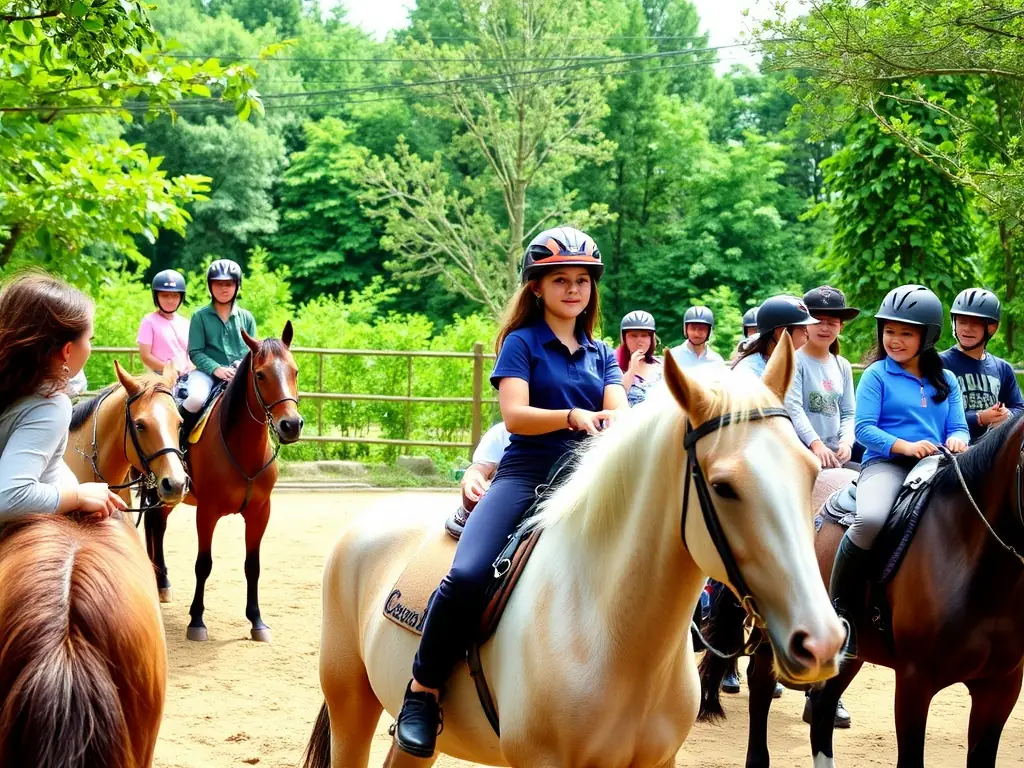 A group of riders with varying abilities participating in an inclusive riding program, guided by instructors in a safe and supportive environment.