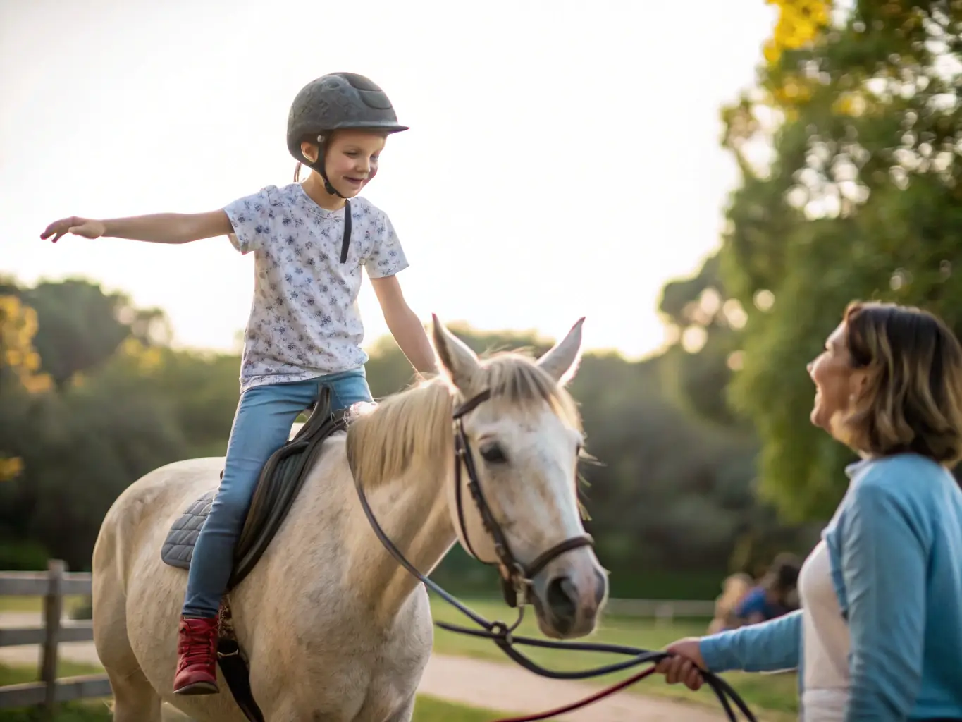 A person with a disability smiles brightly while riding a horse during an adapted equestrian therapy session. The horse is calm and gentle, and a therapist walks alongside, providing guidance and support. The setting is a sunny outdoor arena with green fields in the background.