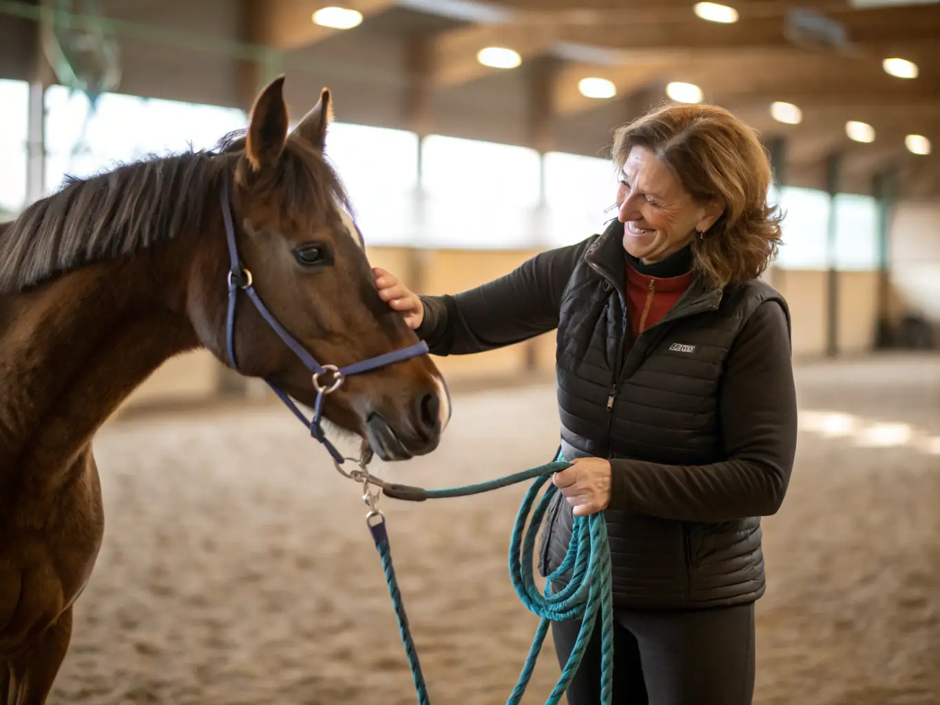 A trainer is demonstrating equine-assisted therapy techniques to a group of caregivers and volunteers in a workshop setting.