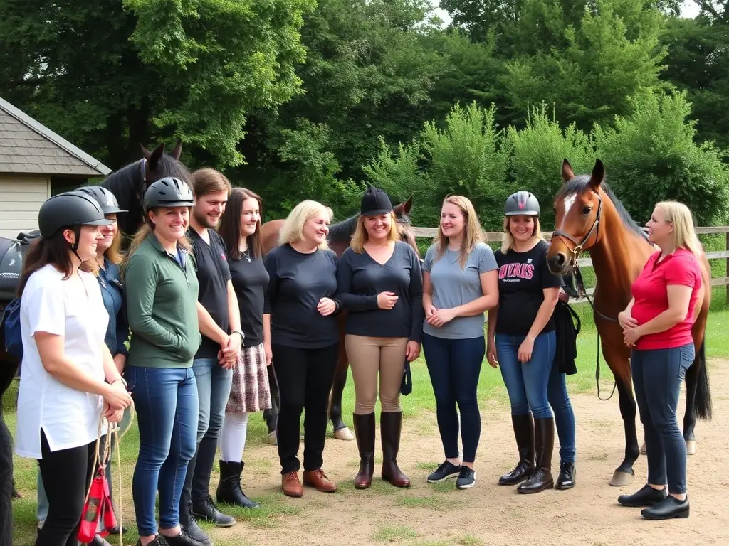 A diverse group of riders, including individuals with disabilities, riding together under the supervision of instructors in a lush outdoor setting, highlighting inclusive riding programs.