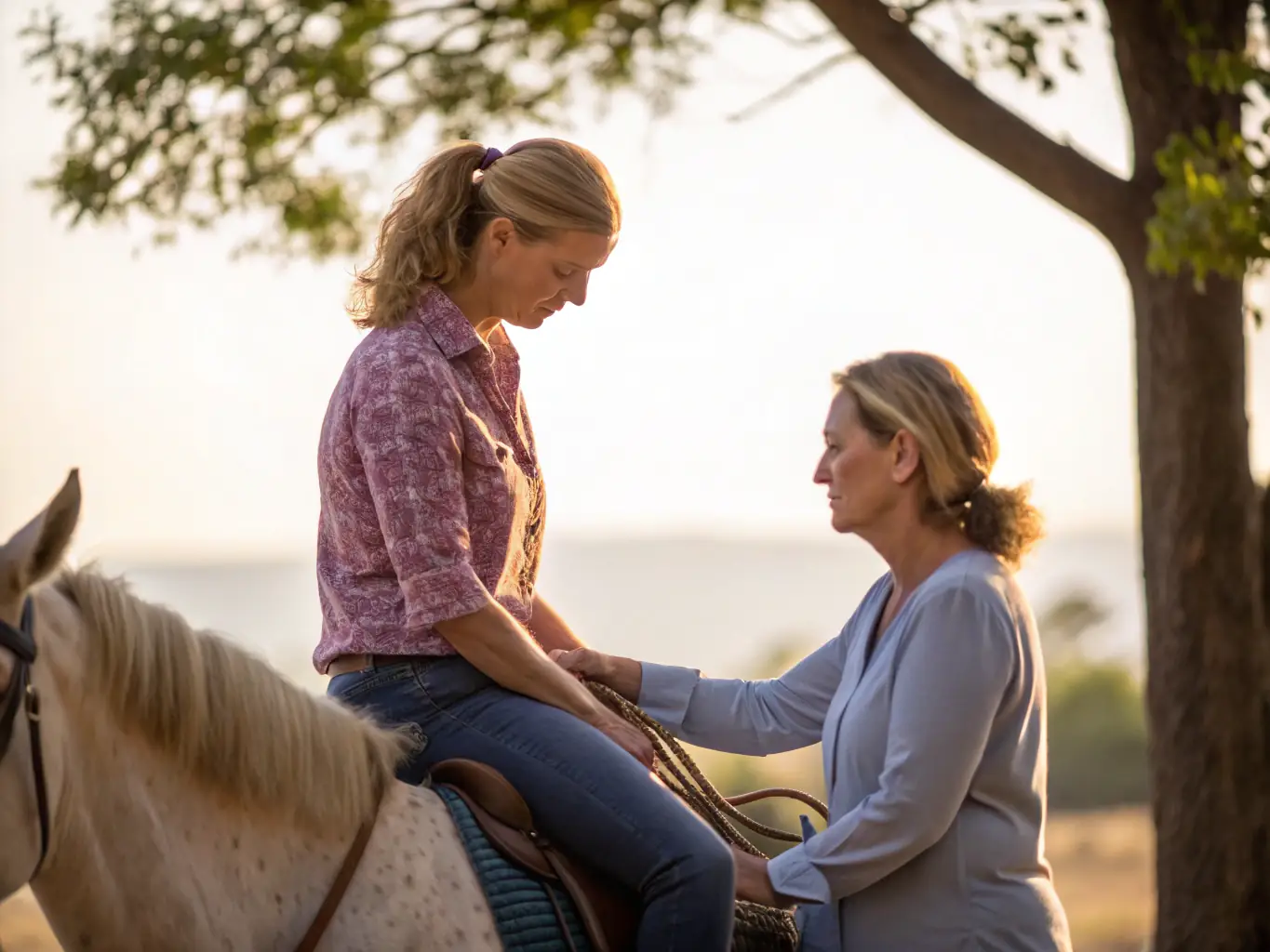 A person with a disability is guided on horseback by a therapist in an outdoor arena, focusing on their posture and balance.