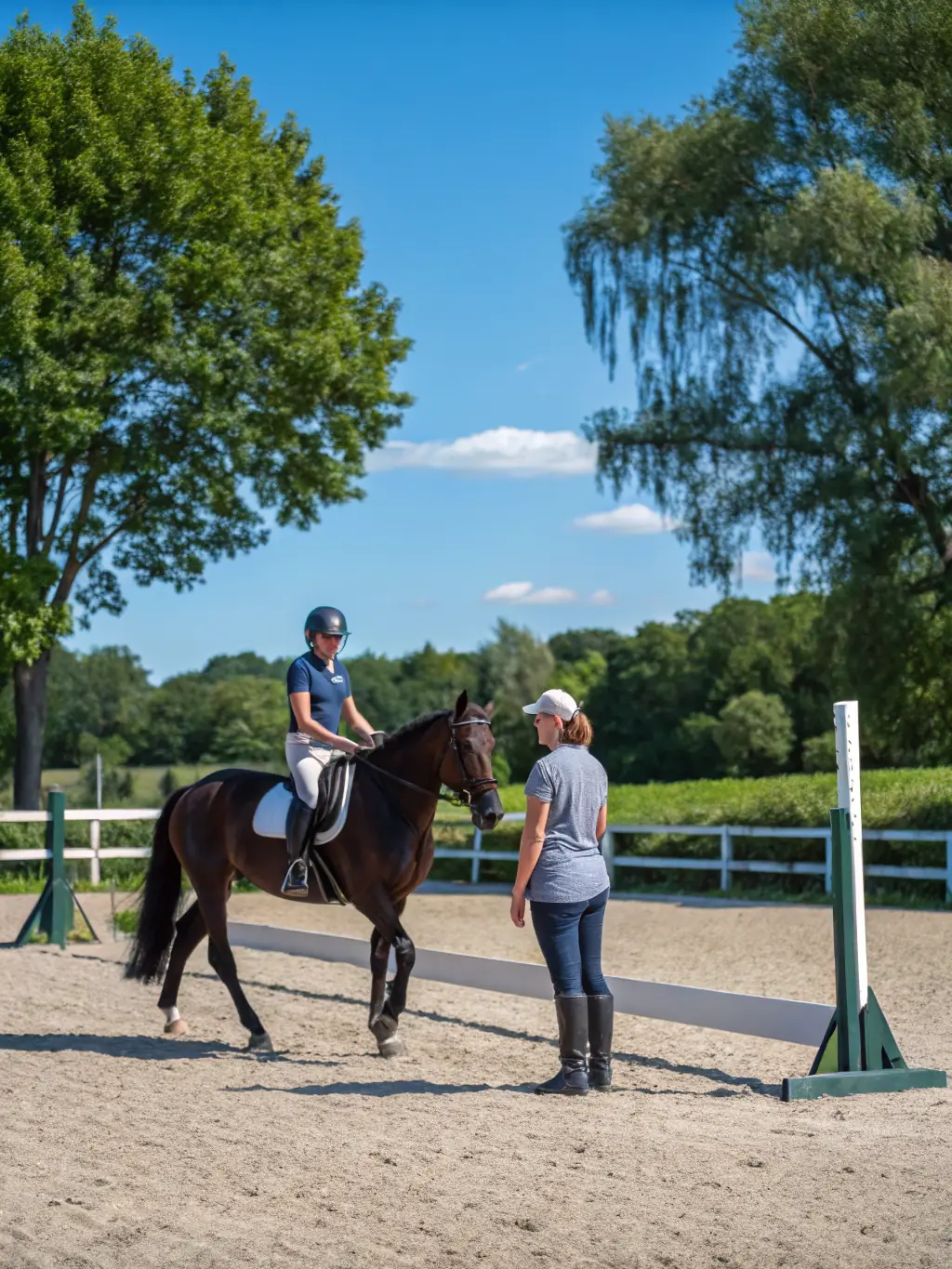 A caregiver learning therapeutic riding techniques from a certified instructor during a training workshop at EQUI'HANDI HORSE, emphasizing safety and skill development.