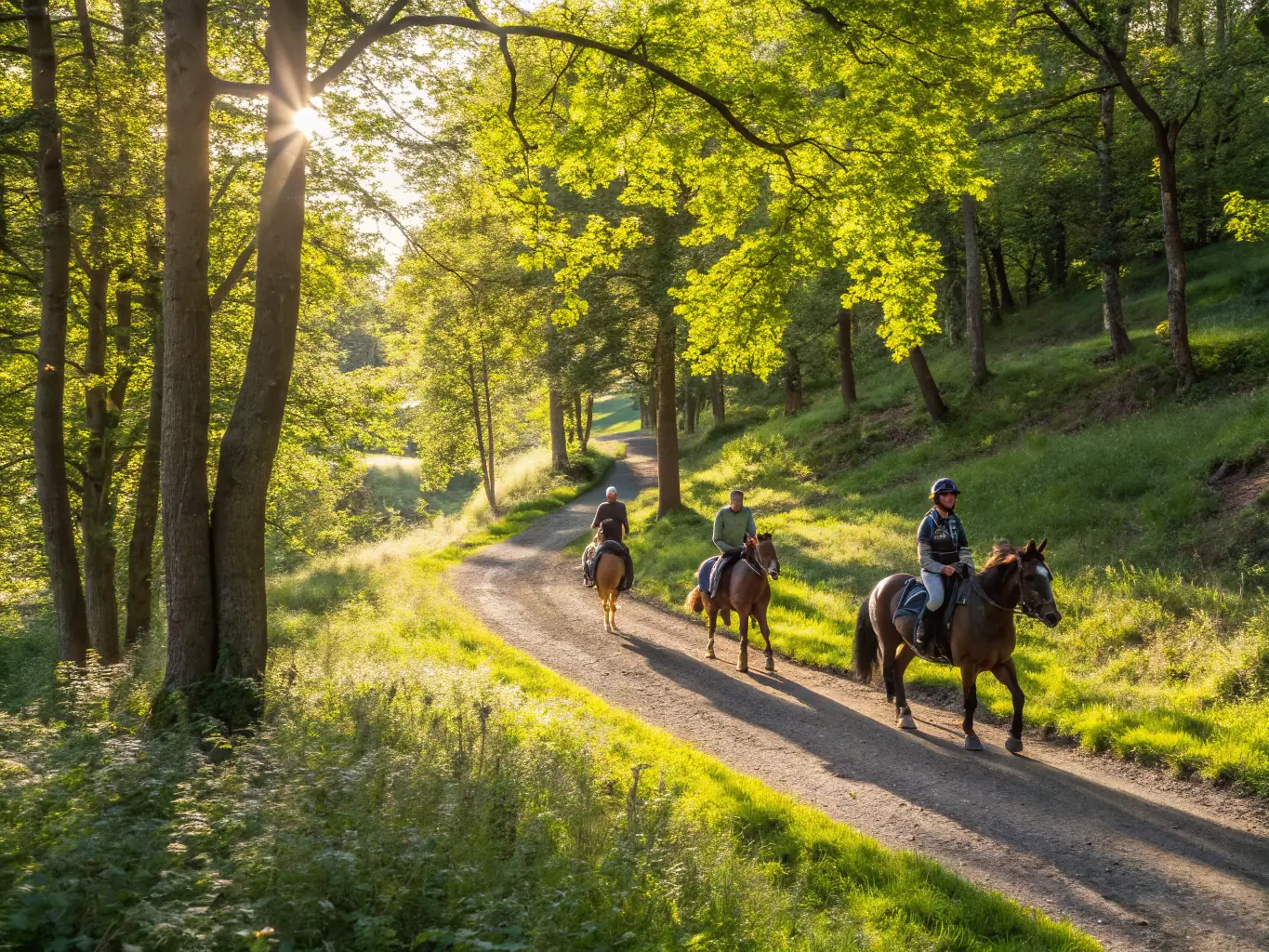 A group of people with and without disabilities participate in a group riding activity. They are laughing and interacting with each other, creating a sense of community and belonging. The setting is a scenic trail through a wooded area.