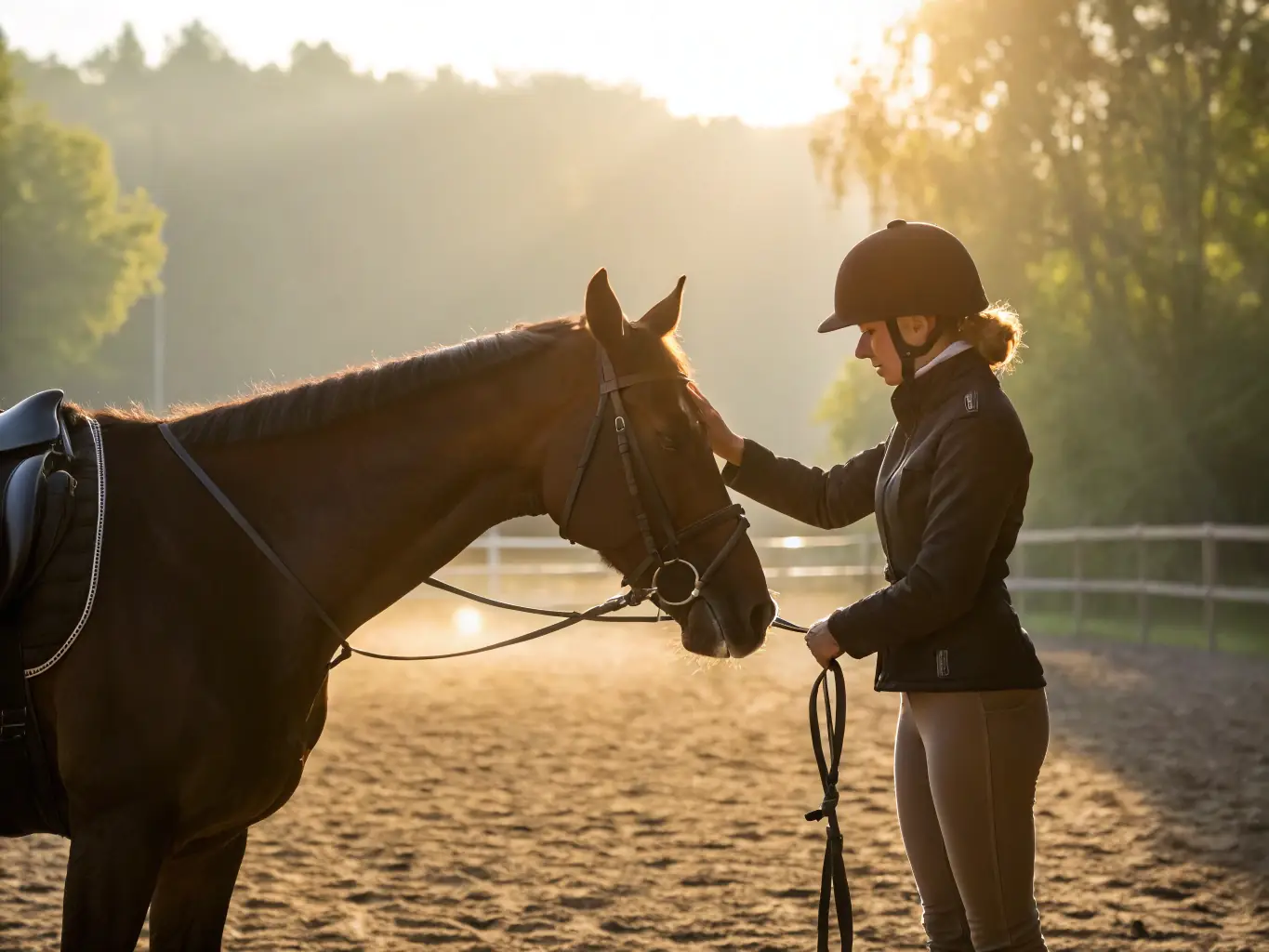 A smiling participant receiving therapy while a trainer guides them on a calm horse in a sunny outdoor arena, showcasing adapted equestrian therapy.