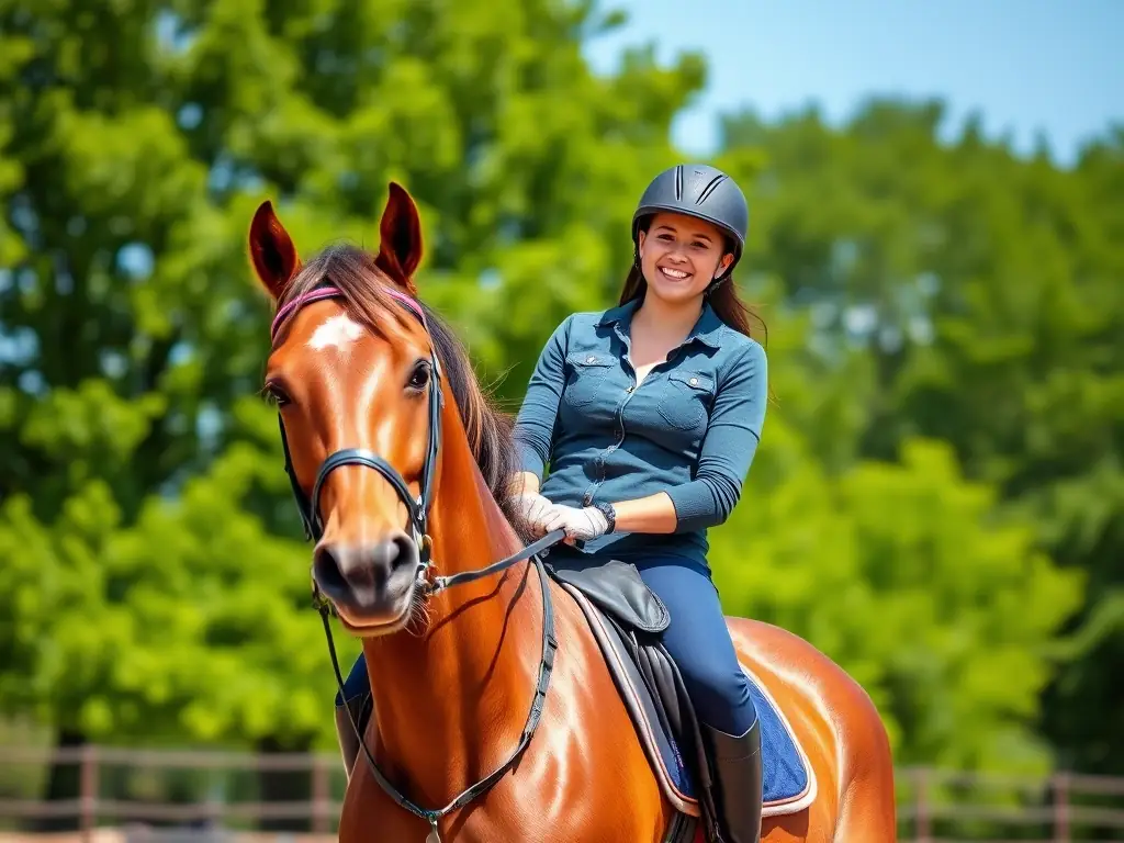 A smiling participant receiving therapy while a trainer guides them on a calm horse in a sunny outdoor arena, showcasing adapted equestrian therapy.